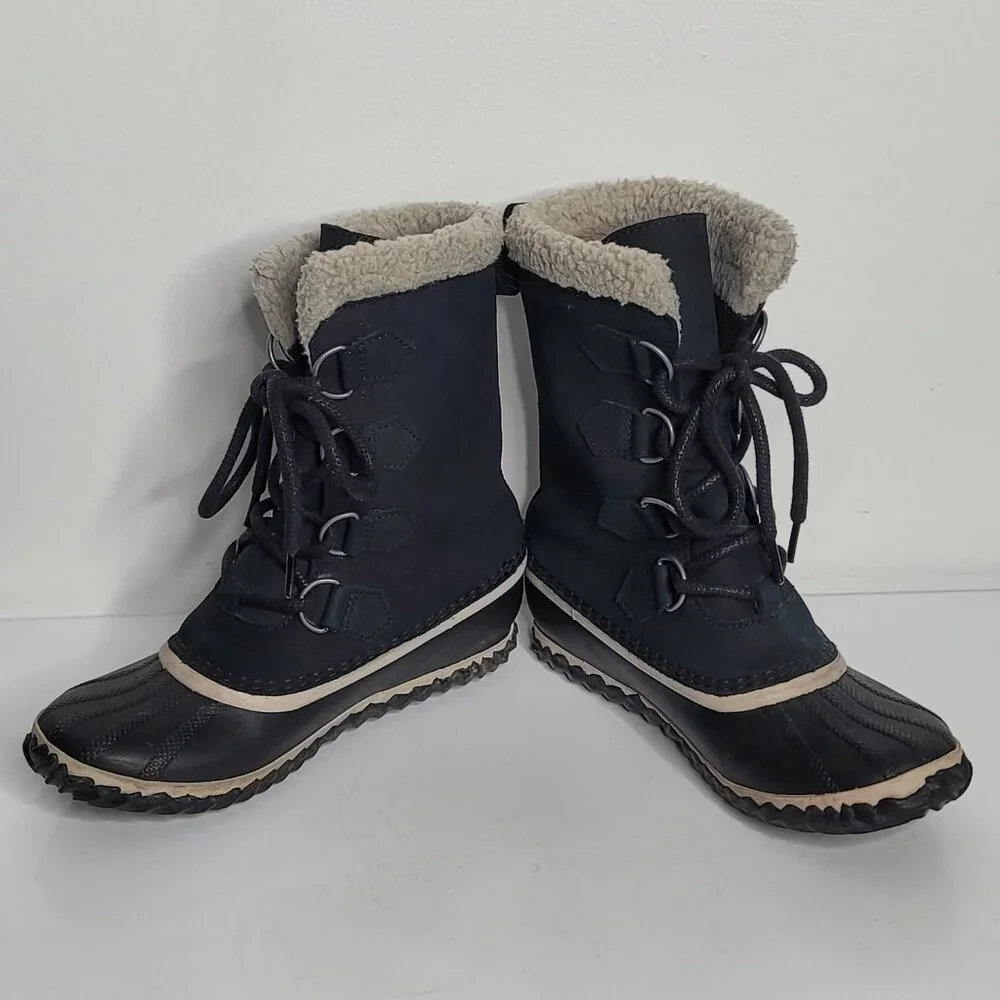 Sorel Caribou‎ Black Leather Boots Lace Up Womens 7 Faux Fur Winter NL2649-010
